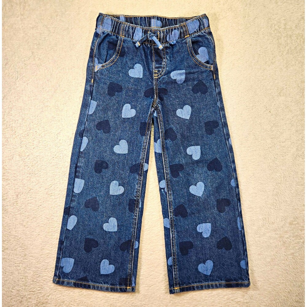 Old Navy Girls 5T Wide Leg Jeans Heart Print Denim Elastic Waist Drawstring